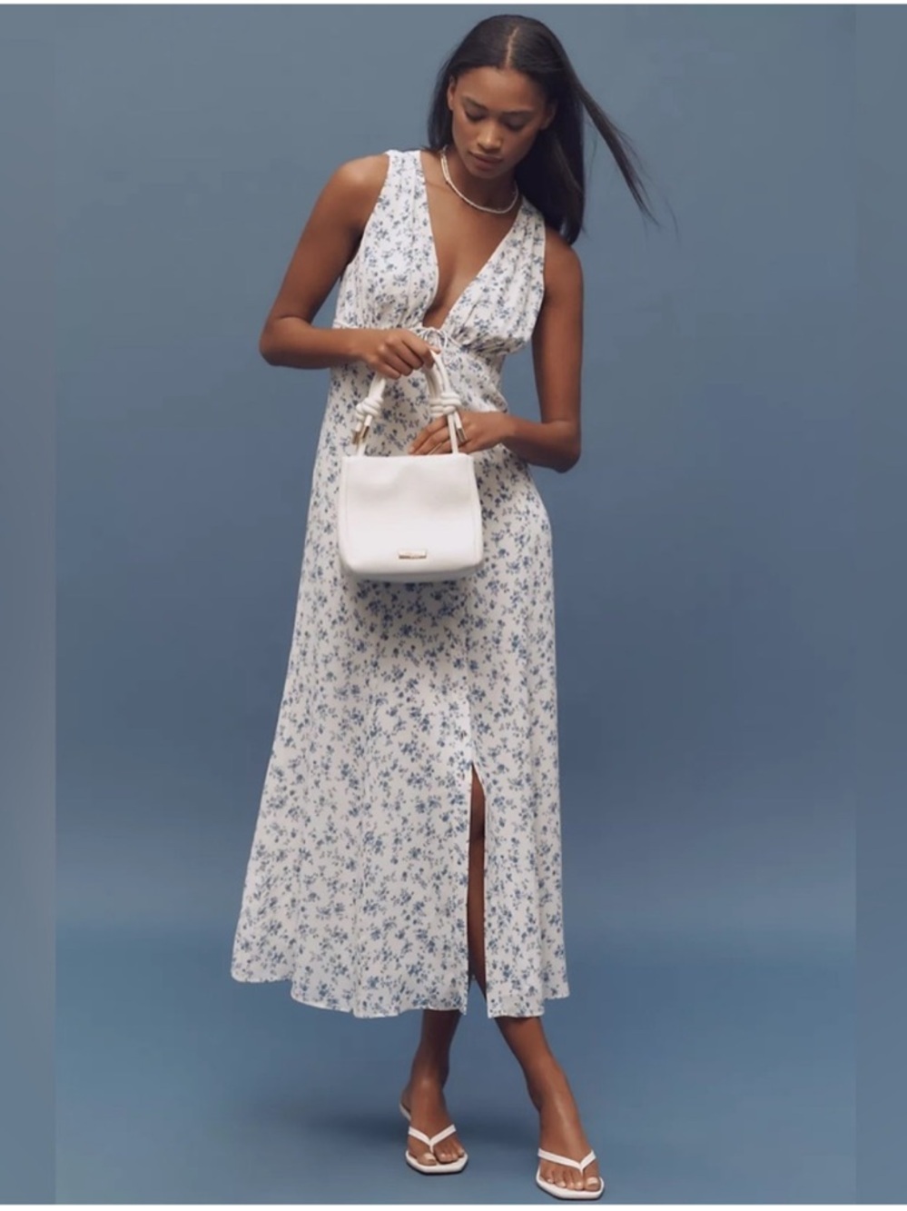 Reformation Ceara V-Neck Ivory/Blue Midi Dress New!